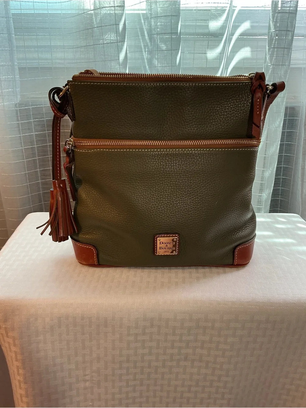 Dooney & Burke Olive Green Pebbled Leather Tassel Crossbody/Shoulder Bag